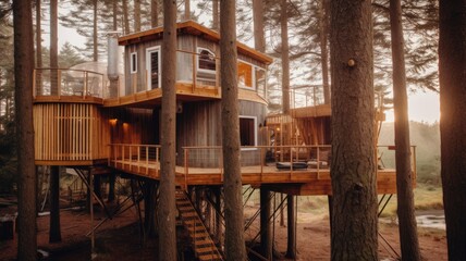 Fototapeta na wymiar The exterior design of modern wooden Scandinavian treehouse with tall trees in forest and lake view. Generative AI image AIG30.