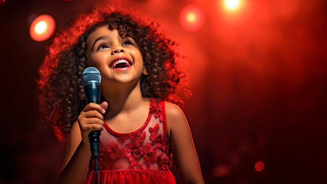charming girl child singing emotionally at a concert in front of a microphone, illuminated by spotlights, against backdrop of enthusiastic spectators.
