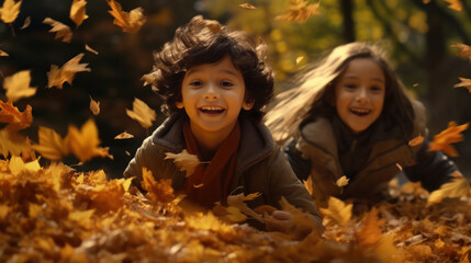 Autumnal Glee: Children Reveling in the Rustling Playfulness of Fall Leaves.