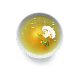 Bowl of tasty vegetable broth with mushrooms on white background