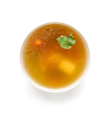 Bowl of tasty vegetable broth on white background