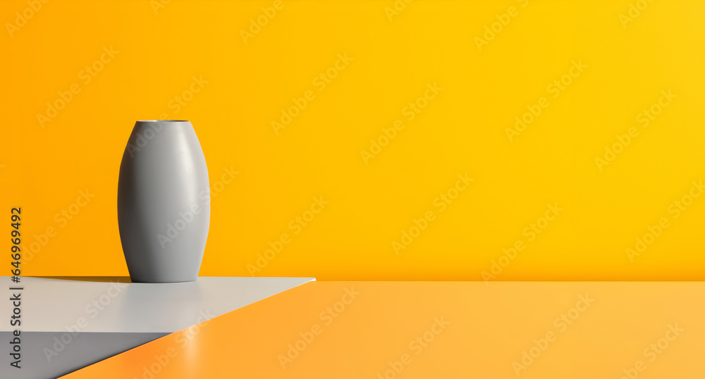 Poster creative mock concept. modern vibrant bright yellow abstract large empty wall room with grey vase on