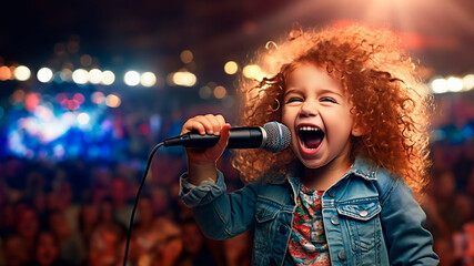charming girl child singing emotionally at a concert in front of a microphone, illuminated by spotlights, against backdrop of enthusiastic spectators.