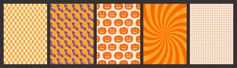 Groovy halloween backgrounds set. Happy Halloween simple pattern for poster, card in trendy retro style 60-90s. Vector illustration.