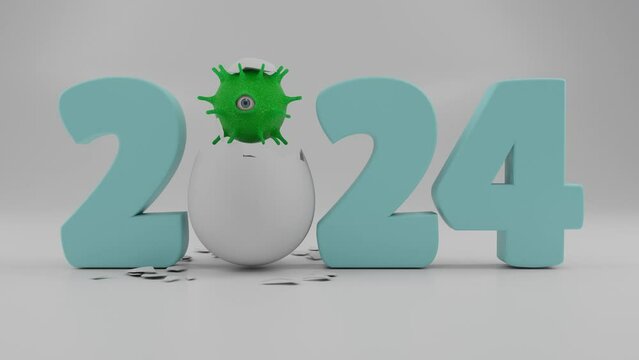 3d animation of the date of the 2024 new year and the coronavirus that hatched from a chicken egg. The idea of a problematic year. The virus of 2024.