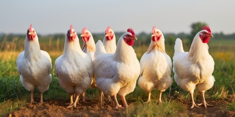 Fototapeta premium A group of chickens standing next to each other. Generative AI