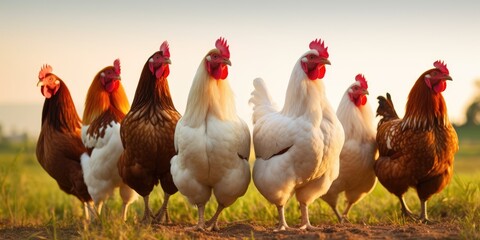 Fototapeta premium A group of chickens standing next to each other. Generative AI