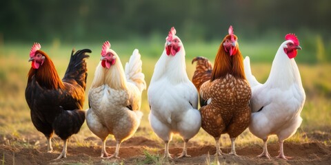 A group of chickens standing next to each other.  - obrazy, fototapety, plakaty