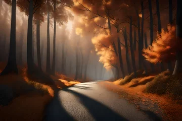 Gordijnen 3D scene of a rural highway passing through an enchanting forest during the autumn season. Capture the sense of mystery and wonder in the dimly lit woods. © Areesha