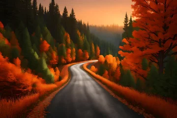 Zelfklevend Fotobehang 3D rendering of a country road at twilight, winding through a forest painted in shades of orange and green. Showcase the ethereal beauty of the fall landscape as day transitions into night © Areesha