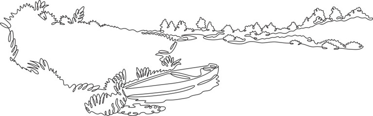 Landscape. Winding river. Boat off the shore. River bank. One continuous line. Linear. Hand drawn, white background.