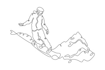 Snowboarder.Landscape.Extreme sport.Mountains.Snowboard. One continuous line. Linear. Hand drawn, white background.