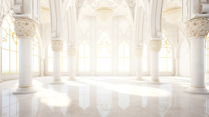 White Golden Luxury Palace Mosque Interior with Sunny Windows and Columns.