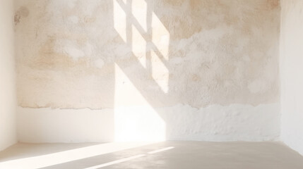 Aged Sunny White Room with Blank Destroyed Wall and Sunny Window. Bright Warm Tones, Mock Up.
