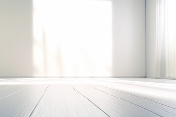 Minimalistic Empty White Interior with Sunny Shadows. Bright Warm Tones, Advertising Mock Up.