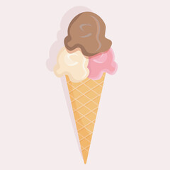ice cream cone three balls of ice cream chocolate, vanilla, strawberry