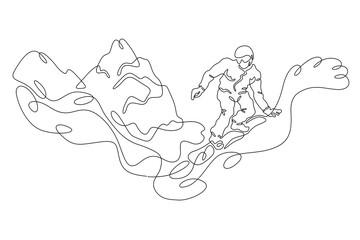 Fototapeta na wymiar Snowboarder.Landscape.Extreme sport.Mountains.Snowboard. One continuous line. Linear. Hand drawn, white background.