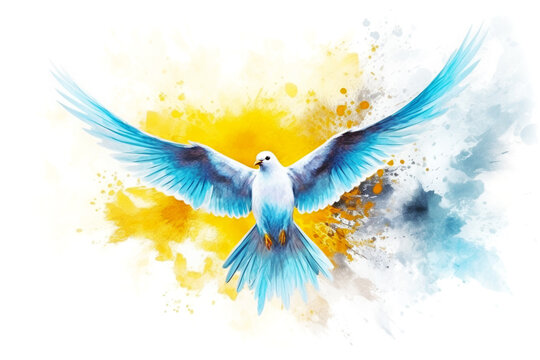 Blue Pigeon of Peace on Yellow and Blue Watercolor Splashes in Ukrainian Flag Colors
