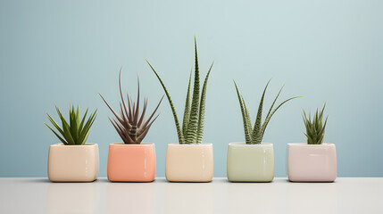 A row of succulents in colorful pots.