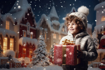 A smiling child with a gift box on Christmas background Generative AI