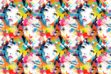 seamless pattern illustration, anime face with color splash, 