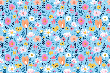 colorful minimalism style flower blossom seamless pattern, Generative Ai
