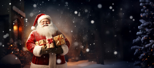 Obraz na płótnie Canvas Santa Claus with Christmas presents on a snowy background Generative AI