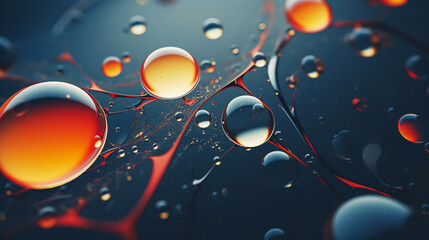 Close-up of drops, colorful liquid bubbles molecules