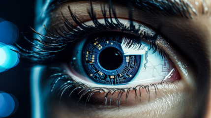 Fototapeta premium Futuristic Eye with a Digital Rainbow Iris and Holographic Lights Ai Generated