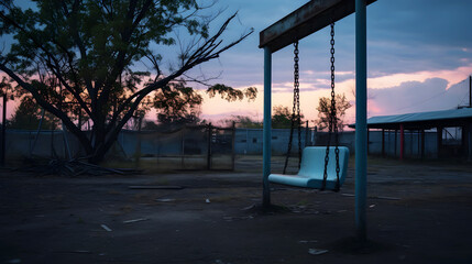 Deserted Playground with Empty Swings Swinging at Dusk , Nostalgic Abandonment Scene