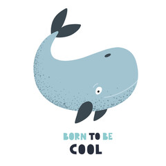 Funny whale, children's print, marine character in flat doodle style. Vector.