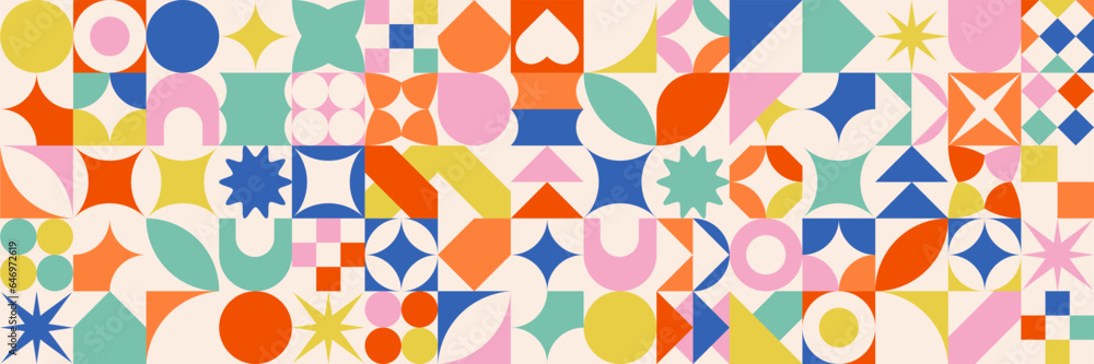 Poster Seamless pattern in bauhaus style. Colorful abstract geometric background in swiss style. Vector illustration.