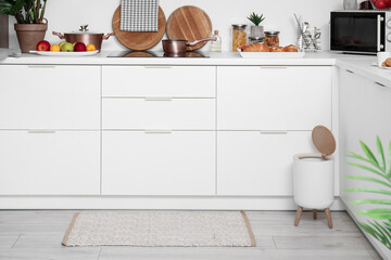 Interior of modern kitchen with stylish rug, trash bin and white counters