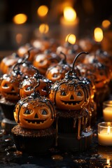 Fototapeta na wymiar Jack-o-lantern cake for halloween, orange pumpkins cake with candles for a traditional holiday event