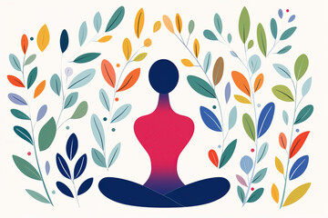 Generative AI illustration of calm minimalist anonymous woman sitting with crossed legs near bright leaves against beige background