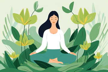 Generative AI illustration of calm minimalist female sitting in lotus pose and meditating against green plants mindfulness and stress relief concept