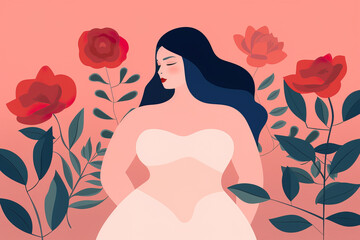 Generative AI illustration of minimalist plus size woman wearing bra putting hands behind back near red roses against pink background