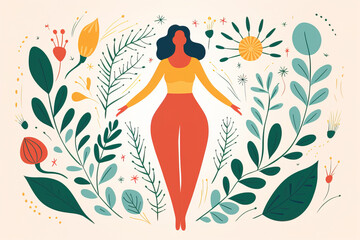Generative AI illustration of minimalist woman wearing casual clothes standing near bright leaves against beige background