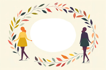 Generative AI illustration of framed picture with empty space in middle surrounded by colorful wreath and women walking on beige background