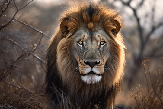 Generative AI image of dangerous powerful lion with fluffy mane looking at camera in African Savanna
