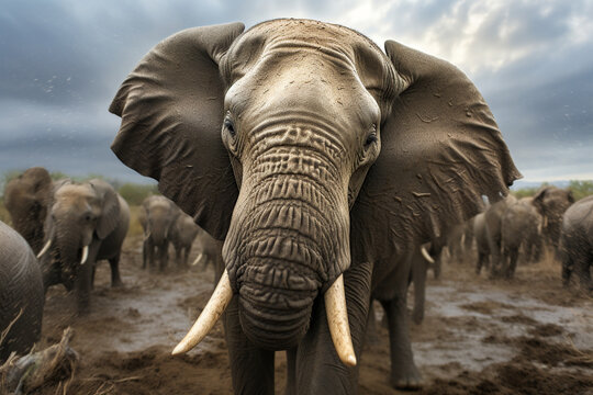 Fototapeta Generative AI illustration of herd of wild elephants walking on sandy ground of safari in Africa in cloudy day