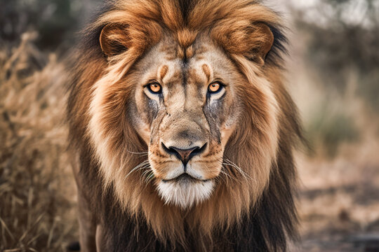 Generative AI image of dangerous powerful lion with fluffy mane looking at camera in African Savanna