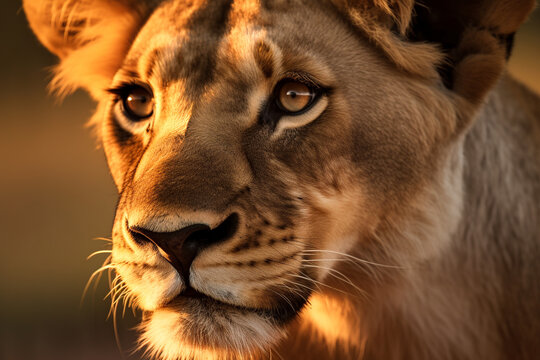 Fototapeta Generative AI illustration of muzzle of attentive wild lioness looking away at sunset in African Savanna