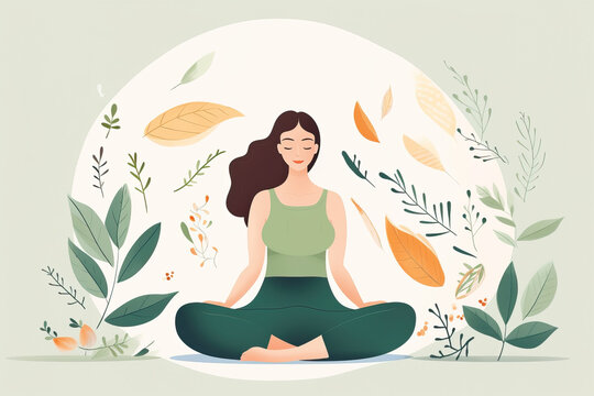 Generative AI illustration of calm minimalist woman sitting with crossed legs near bright leaves against beige background