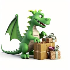 New Year 2024 concept. Year of the green dragon. Green dragon with Christmas gifts on a white background. Isolate.