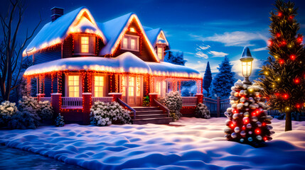 Christmas scene with lit up house and lit up christmas tree.