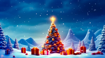 Christmas tree surrounded by presents in snowy landscape with mountains in the background.