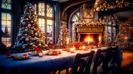 Dining room table with christmas tree and fireplace in the background.