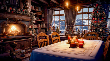Fototapeta na wymiar Dining room with table, chairs and christmas tree in front of window.