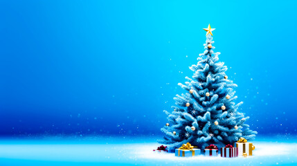 Christmas tree with presents under it on blue background with snowflakes.